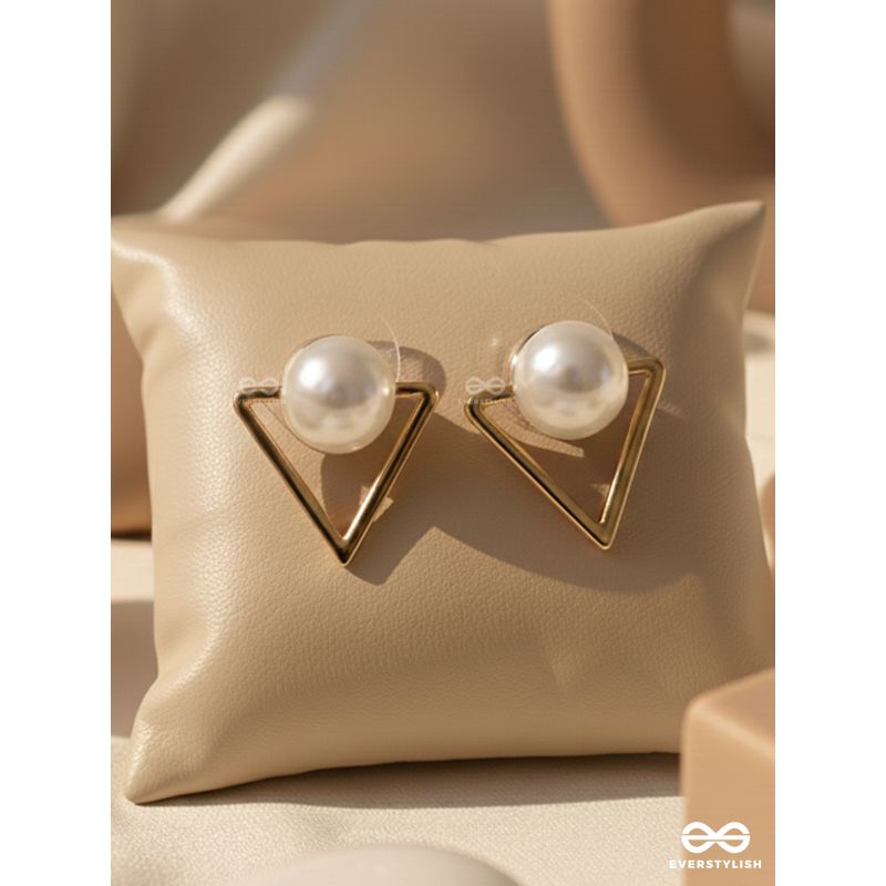 Gorgeous pearl embedded in golden triangle earrings
