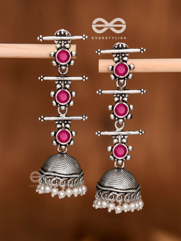 The Elegant Delight - Triple Layered Jhumkas (Ruby Red)