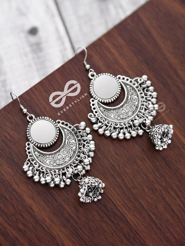 The Mirror Motif Jhumkis - Oxidised Boho Earrings