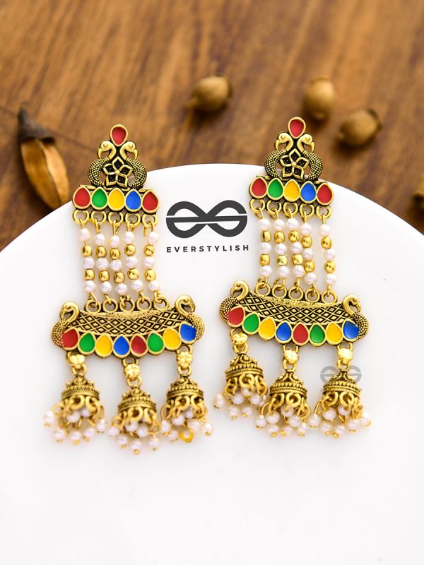 The Enamelled Peacock Artwork Earrings (Golden)