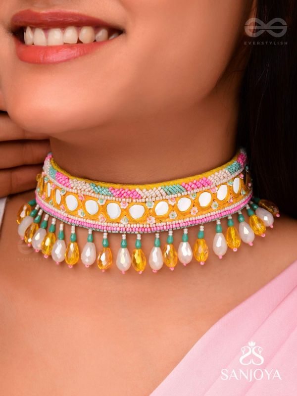 Suvarna - The Golden Stunner - Mirror, Lace And Beads Hand Embroidered Choker Neckpiece