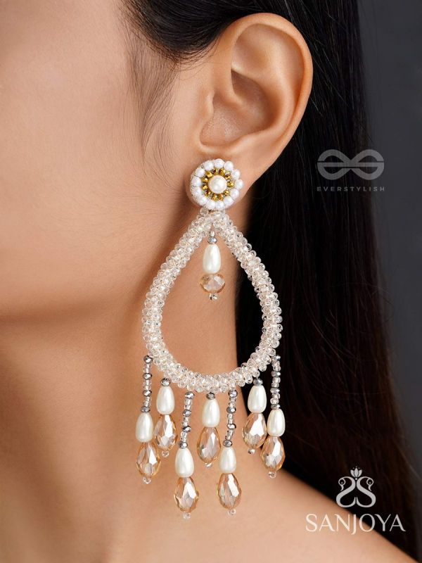 Ashvasya - The Boundless Beauty -  Pearl And Glass Drops Hand Embroidered Earrings (White)