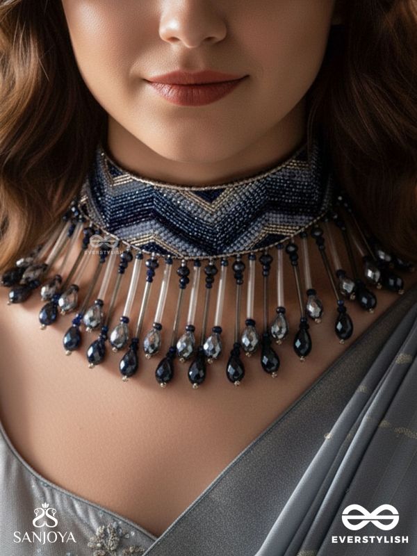 Adrisha - The Indigo Hills - Cutdana And Glass Drops Hand Embroidered Choker Neckpiece