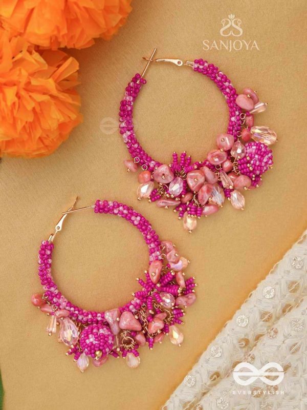 Roshnika - The Pink Spark - Stones, Beads And Glass Drops Hand Embroidered Earrings