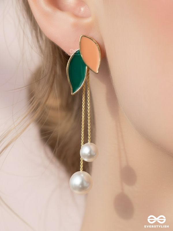 ALWAYS AN ANGEL - PEARL & ENAMELLED EAR JACKETS (GOLD AND GREEN)