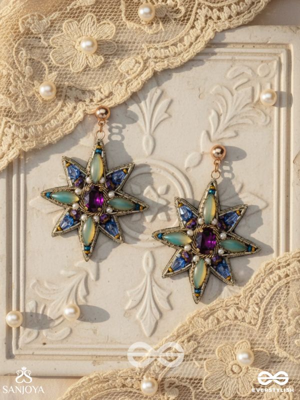 Nakshatrika - The Celestial Sparkle - Stone, Beads And Dabka Hand Embroidered Earrings (Multicolor)