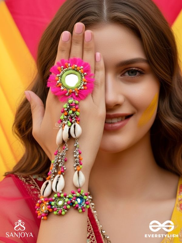 Sudarpana - Colorful Reflection - Resham, Shells And Beads Hand Embroidered Haathphool