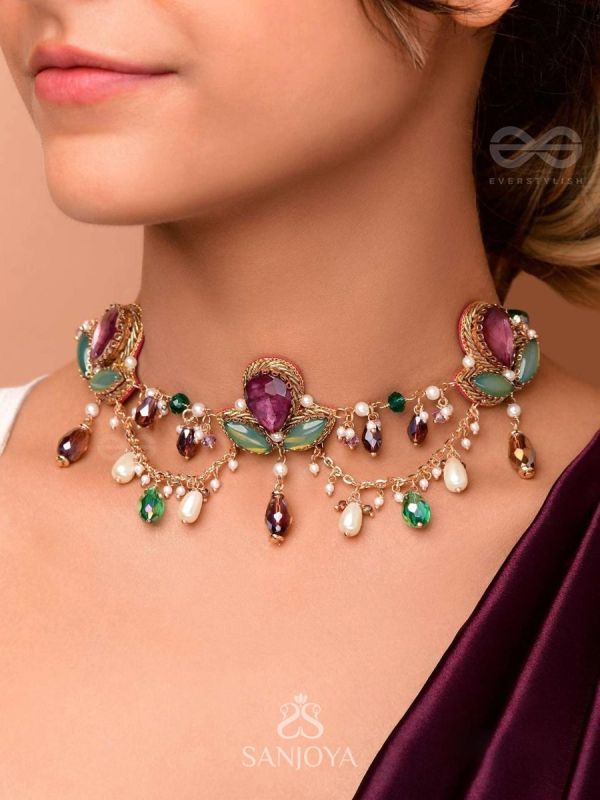 Aabharan - The Royal Ornament - Stones, Beads, Glass And Pearl Drop Embroidered Neckpiece With Anti-Tarnish Coating