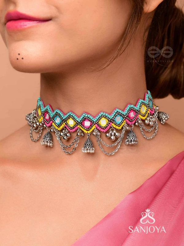 UPARJITAA - RAINBOW RADIANCE - BEADS AND MIRROR EMBROIDERED AND OXIDISED NECKPIECE