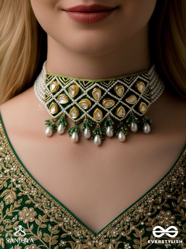 Ardrata- The Emerald Finesse- Beads, Pearl Drops, Polki And Kundan Finished Hand Embroidered Choker Neckpiece