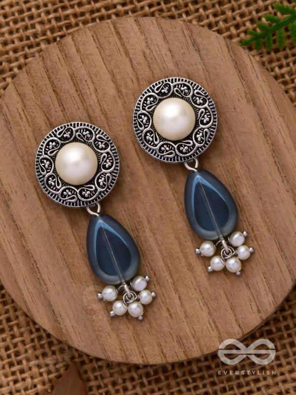 Marine Moonstone - Oxidised Pearl Jhumka Earring 