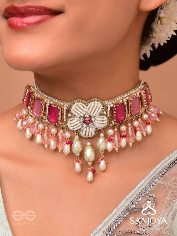 CHAANDIKUSUMA - THE ROYAL BLOSSOM- STONE, BEADS, GLASS AND PEARL DROPS HAND EMBROIDERED CHOKER NECKPIECE