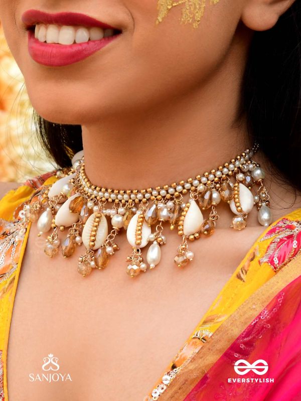 Gohiranya - The Majesty Drops - Beads, Shells And Glass Drops Hand Embroidered Neckpiece