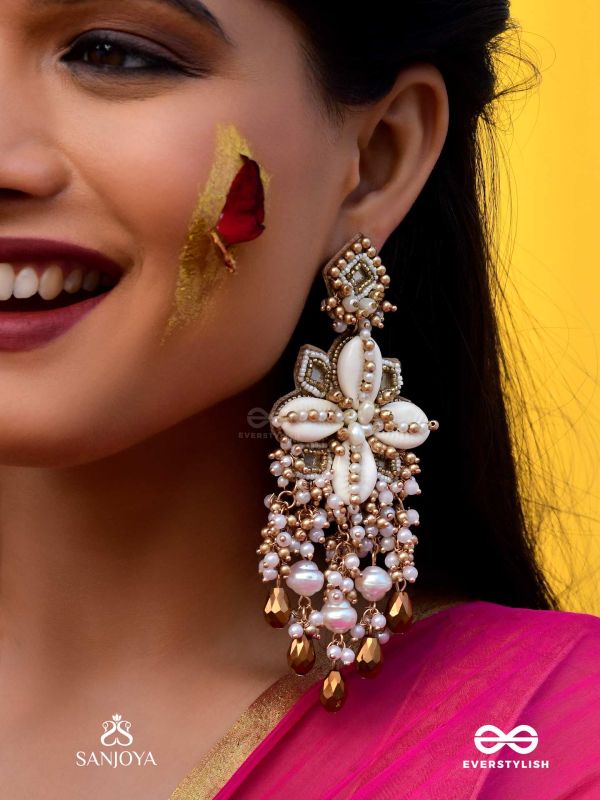 Sambuka- The Golden Snowflakes - Beads, Shells And Glass Drop Hand Embroidered Earrings