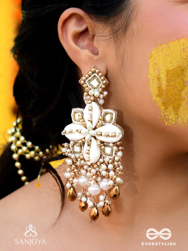 Sambuka- The Golden Snowflakes - Beads, Shells And Glass Drop Hand Embroidered Earrings