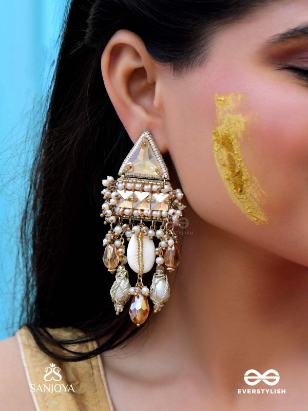 Ruchaka - Coastline Treasures - Beads, Shells And Glass Drop Hand Embroidered Earrings