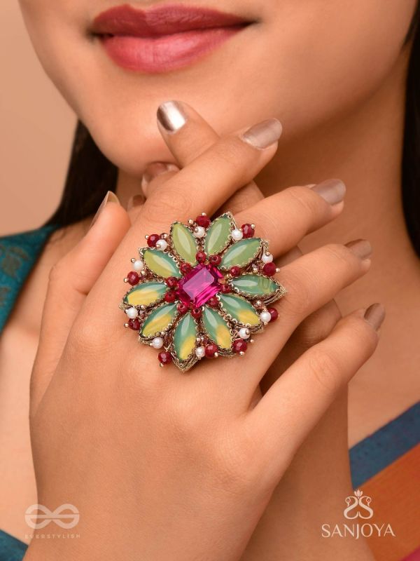 Ardramanjari - The Fresh Bloom - Stones And Beads Hand Embroidered Ring (Adjustable)