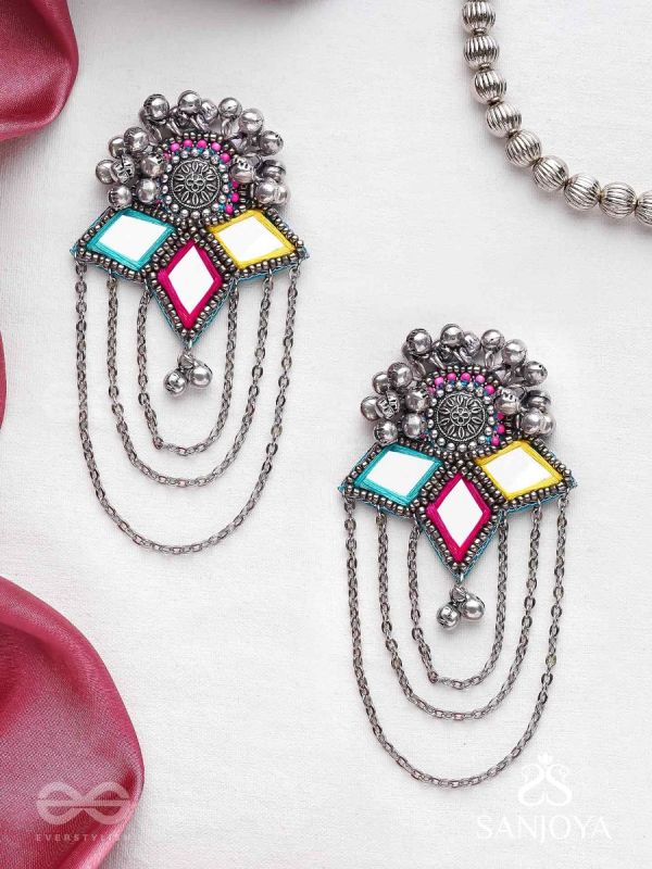 Taruna - The Vivid Landscapes - Mirrors, Resham And Beads Hand Embroidered Oxidised Earrings