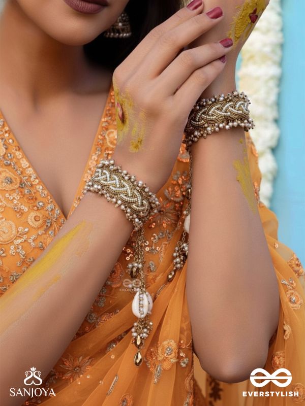 Kapardak - The Angel Braids - Beads, Shells And Glass Drops Hand Embroidered Cuff Bracelets (Set Of 2)