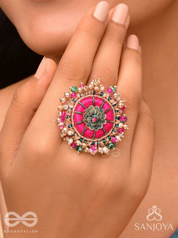 Bibhrat - The Luminous Pink - Resham, Beads And Dabka Hand Embroidered Ring (Adjustable)