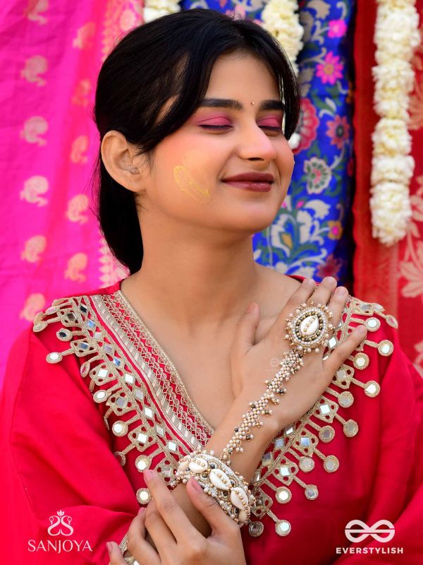 Vivriddhi - The Stream Of Prosperity - Shells, Beads, Glass And Pearl Drops Hand Embroidered Haathphool 