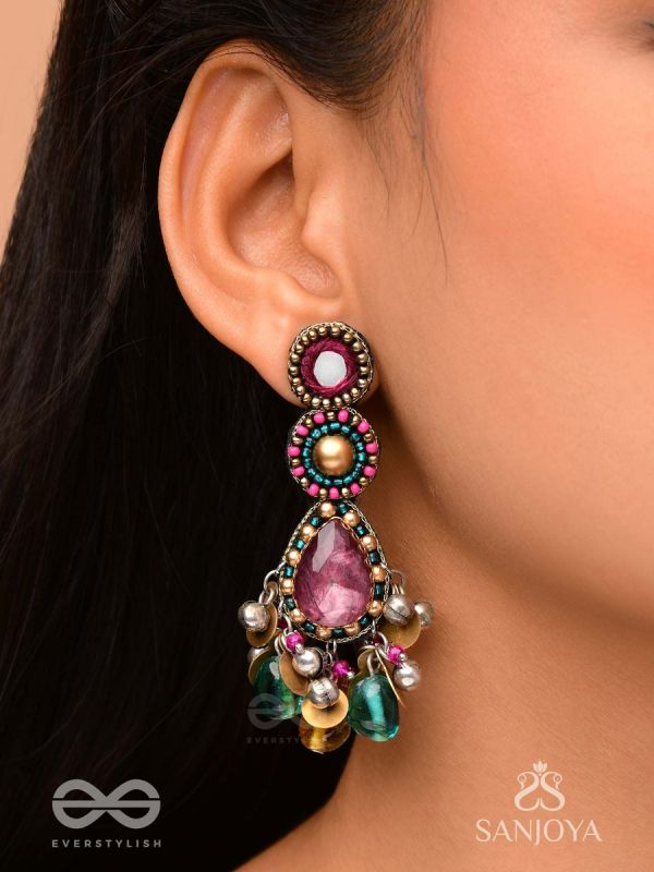 Agrihini - The Amethyst Glow - Stones, Mirrors, Coins And Glass Drops Hand Embroidered Earrings