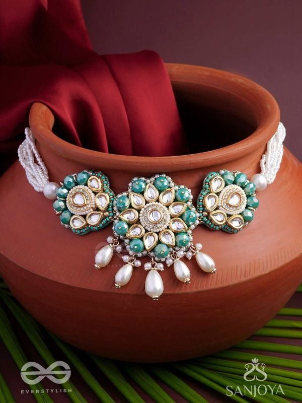 Maugdhya - The Treasured Innocence - Beads, Pearl Drops, Polki And Kundan Finished Hand Embroidered Choker Neckpiece