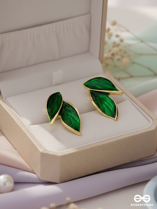 Petals Panache - Golden Enamelled Earrings (Green)