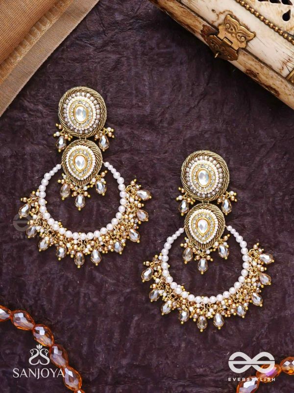 Suvarnkantika – Golden radiance – Gold toned, Kundan embellished earrings with pearl and bead danglers