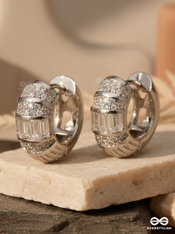 GLITTERING ABLAZE -  SILVER ANTI-TARNISH HOOPS INLAID WITH CUBIC ZICRONIA STONES 