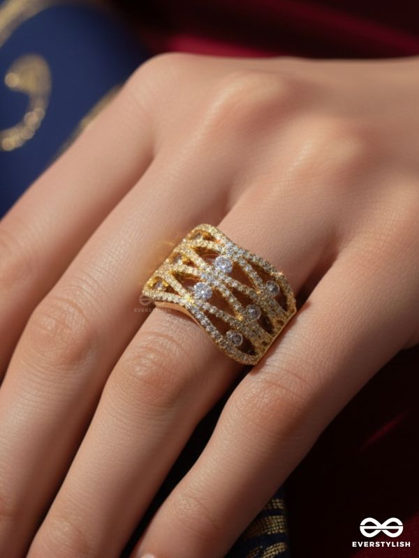 GLARING MAGNIFICENCE - 18K GOLD PLATED ANTI-TARNISH RING INLAID WITH CUBIC ZICRONIA STONES 
