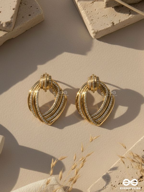 GOLDEN SWIRLS - 18K GOLD PLATED ANTI-TARNISH TEXTURED LUXURY GOLDEN EARRINGS INLAID WITH CUBIC ZICRONIA STONES
