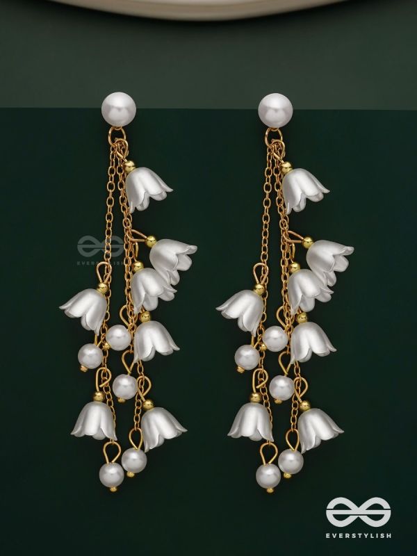 Strings of promise - Metallic dangling white rose earrings  