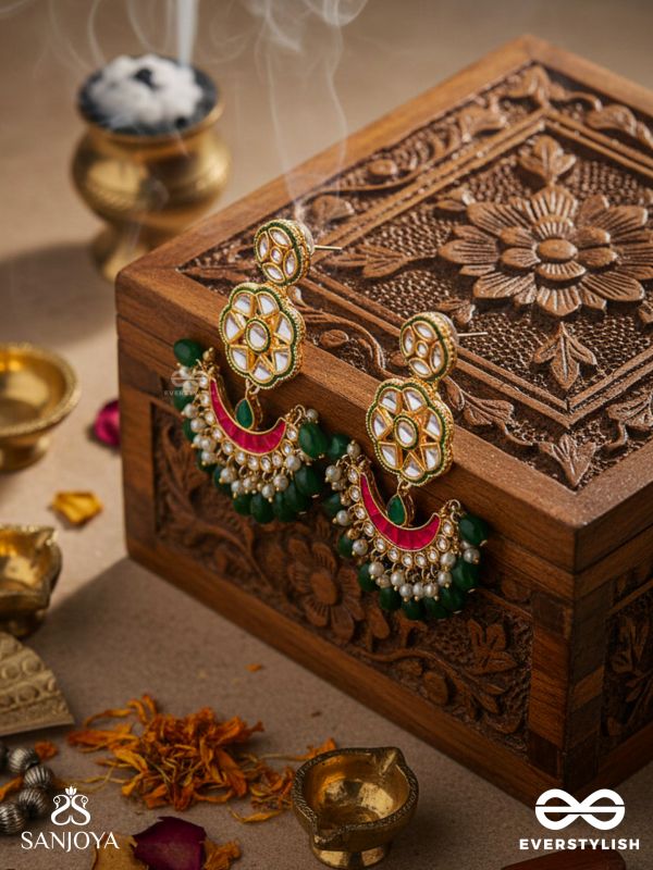 MANIDIPIKA " JEWEL LAMP" GOLD TONED EARRING WITH GLASS STONES,KUNDAN, PEARLBEADS, PINK ENAMEL AND GREEN TEAR DROP BEADS