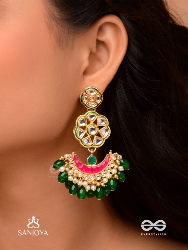 MANIDIPIKA " JEWEL LAMP" GOLD TONED EARRING WITH GLASS STONES,KUNDAN, PEARLBEADS, PINK ENAMEL AND GREEN TEAR DROP BEADS