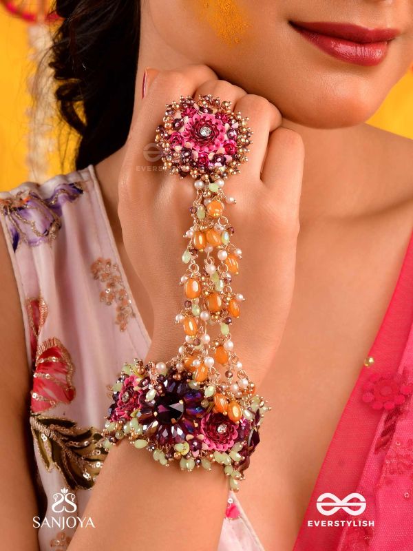 VARNAMALA ABHUSHANA - ADORNMENT OF COLORS - GOLDEN BEADS WTH COLORFUL FLORAL MOTIFS BRACELET ATTACHED WITH ADJUSTIBLE RING