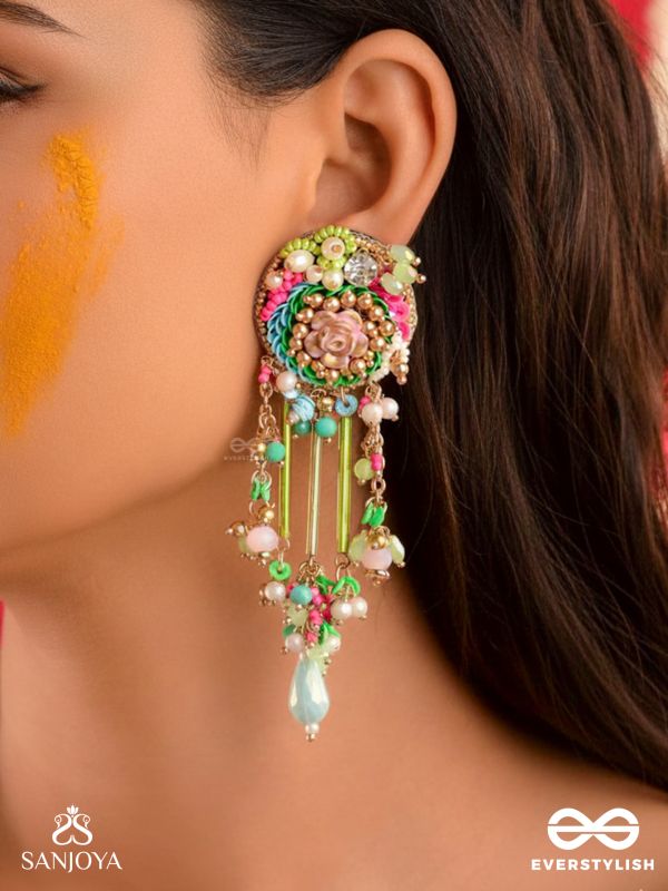 MANJUSUMANA - BEAUTIFUL BLOSSOM - PASTEL COLOR BEADS  AND DETAIL WORK WITH GOLDEN EMBELLISHMENT EARRINGS
