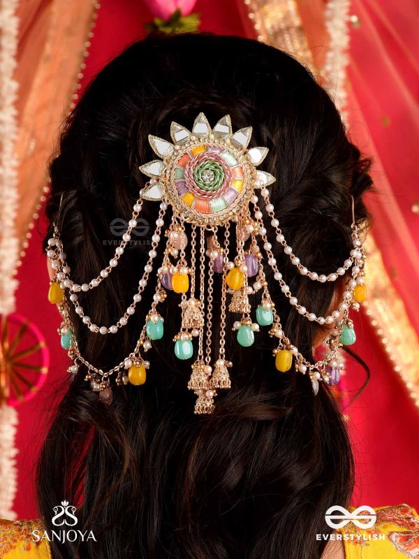 RANGVATI - FULL OF COLORS - EMBROIDERED MIRROR WORK HAIR ACCESSORY WITH MULTI-COLORED BEADS AND GOLDEN CHAINS