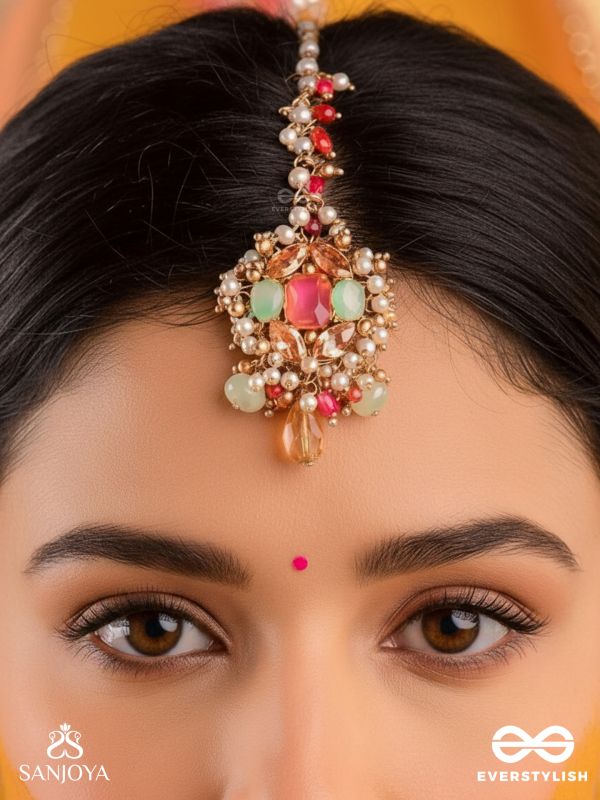 GULRATNA - JEWEL OF ROSES - HANDCRAFTED ROSE MAANGTIKA WITH BEADED FRINGES, PEARLS AND GEM DETAILS