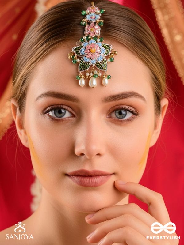 MADHUVRATA - SPRING BLOOM - DELICATE EMBROIDERED MAANGTIKA WITH FLORAL MOTIFS, BEADS AND PEARL DROPS