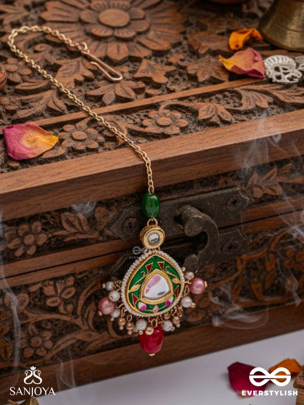 KIRANMALA – GARLAND OF RAYS- EXQUISITE ENAMELLED KUNDAN MAANGTIKA WITH MULTICOLORED DROPS AND PEARLS