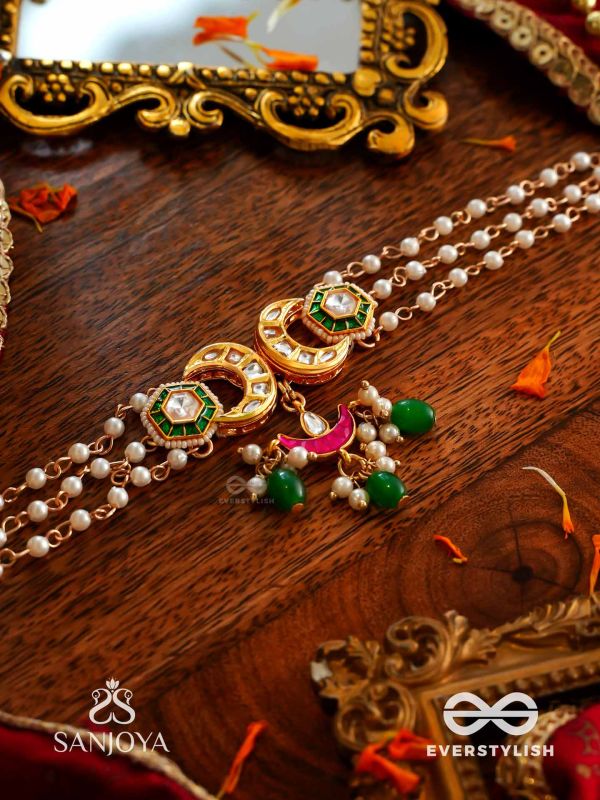 SHASHIRATNA- JEWEL OF THE MOON- KUNDAN NECKLACE INSPIRED BY THE MOON’S RADIANCE WITH PEARLS AND  GREEN DROPS