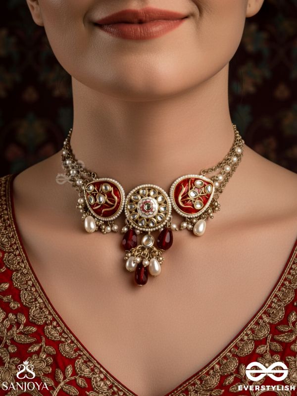 ARUNAMUKHI- FACE OF THE RED SUN- GLORIOUS KUNDAN NECKLACE WITH RED ENAMEL DETAILS AND PEARL EMBELLISHMENTS 