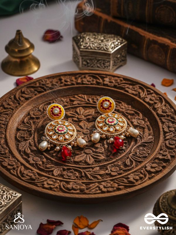 DIVYANJALI - DIVINE OFFERING-  KUNDAN, PEARLS, AND RED STONES HANDMADE EARRINGS
