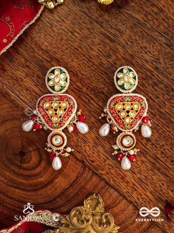 SUNDARIKA - BEAUTIFUL ONE - INTRICATE KUNDAN EARRINGS WITH ENAMEL WORK AND PEARL DROPS