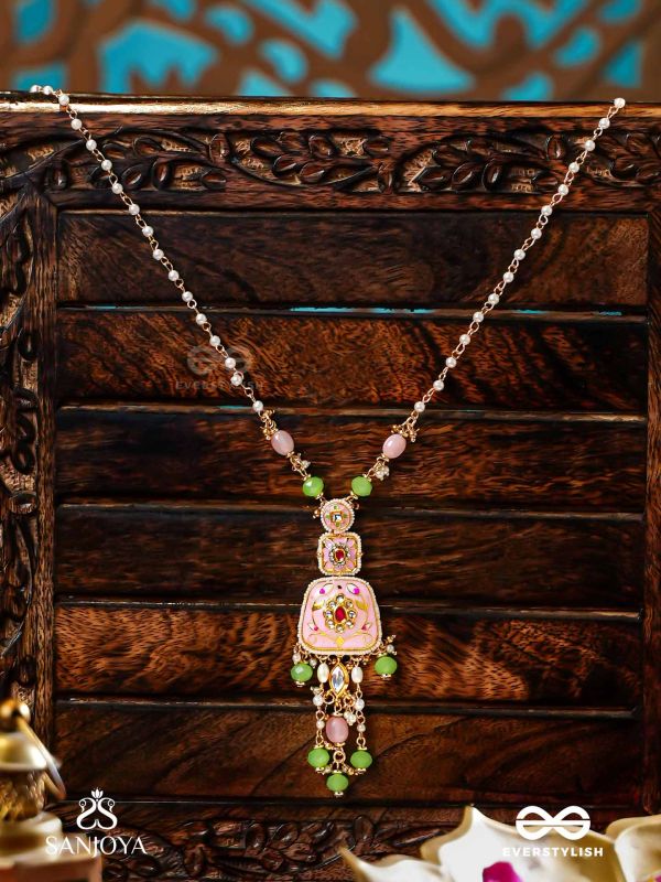 MRINALIKA - LOTUS PETAL - GRACEFUL PINK ENAMELLED PENDANT NECKLACE WITH KUNDAN GREEN BEADS AND PEARL DROPS