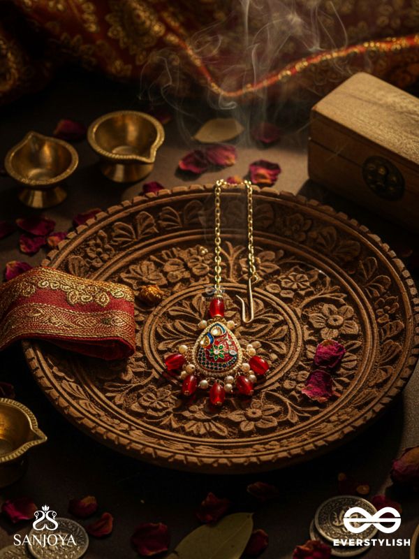 SUVARNAPUSHPA - GOLDEN BLOSSOM - LUXURIOUS HERITAGE KUNDAN MAANGTIKA WITH RED AND BLUE ENAMEL WORK, PEARLS AND BEADS