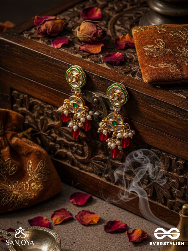 VIMALA - PURE AND DIVINE - ORNATE  KUNDAN EARRINGS WITH ROYAL RED STONES AND PEARLS