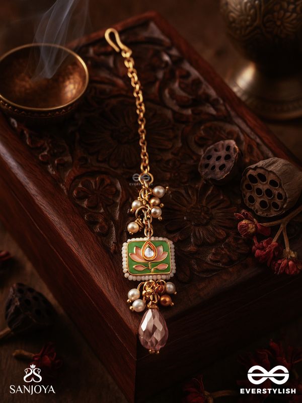 MRINALIKA - LOTUS PETAL - GRACEFUL ENAMELLED HANDCRAFTED KUNDAN MAANGTIKA WITH SOFT PASTEL GEMSTONES