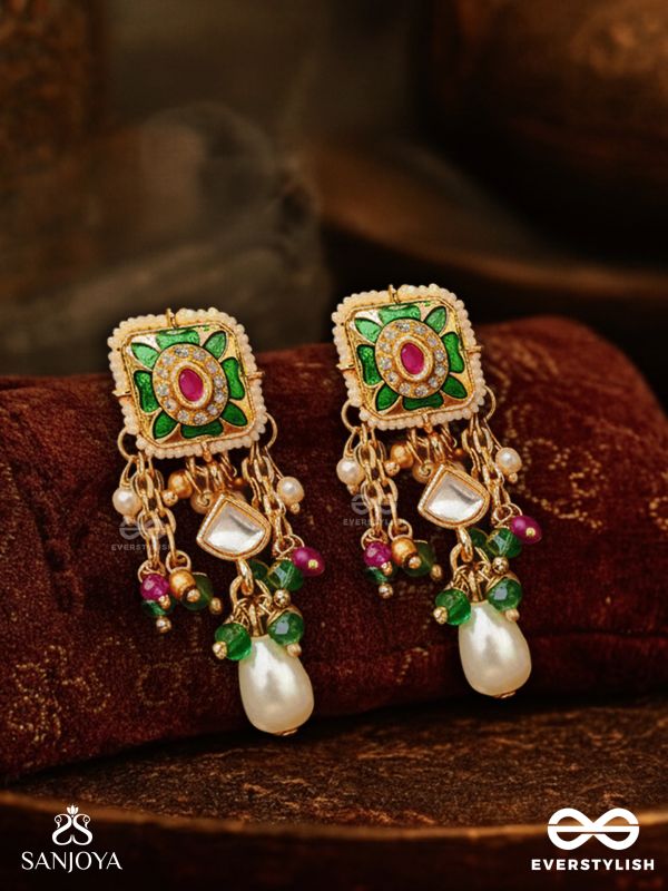 RANIRAGA - QUEEN’S MELODY- EXQUISITE KUNDAN EARRINGS WITH FLORAL ENAMEL WORK, BEADS AND PEARLS